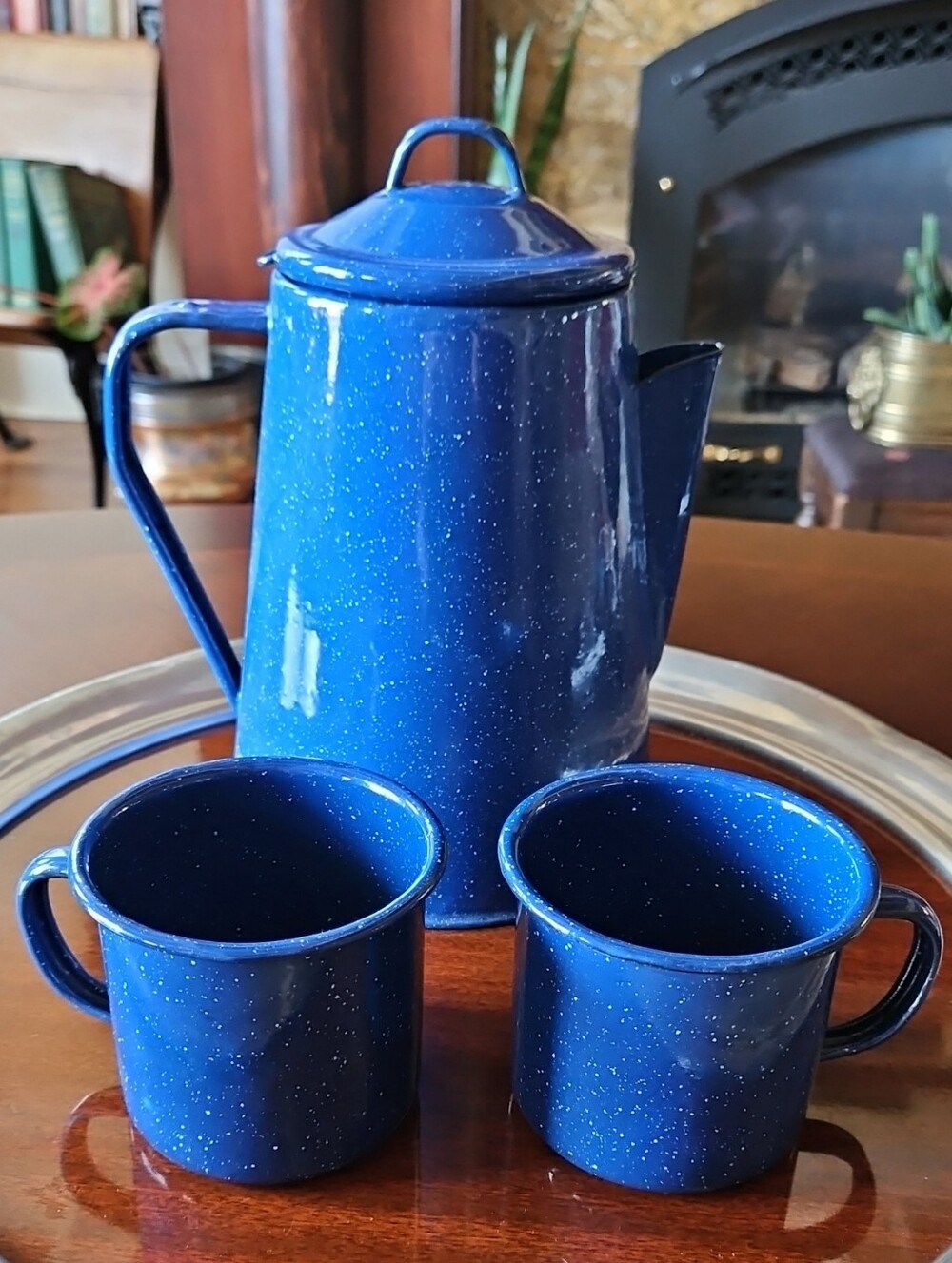 Classic Blue Speckled Enamel Coffee Pot & Two Mugs